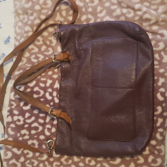 Valentina deep purple leather bag with brown leather handles and strap. - Picture 2 of 5